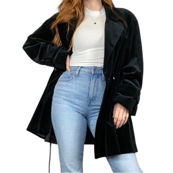 Vintage 70s Black Faux Velvet Oversized Large Peacoat Style Winter Jacket Coat - Picture 5 of 11